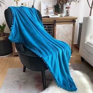 Lake Blue Modern Trendy Casual Pompom Fringe Chic Cozy Soft Throw Blanket/Cover